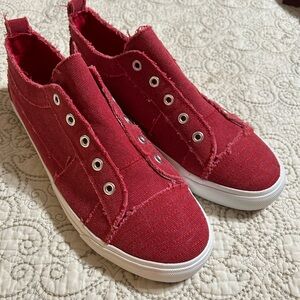 Corky’s red denim distressed shoes, size 11